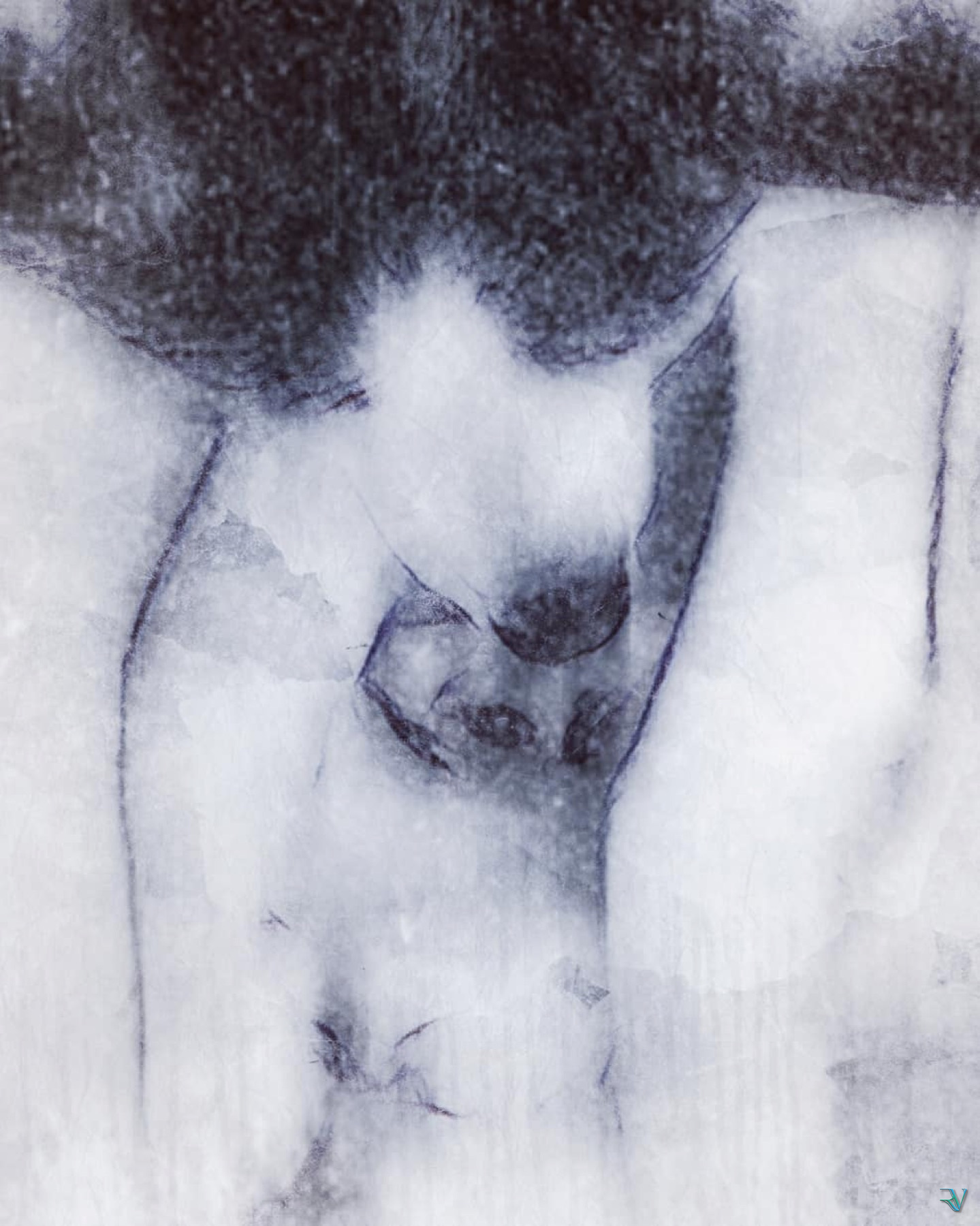 Monochrome artistic study of a figure holding a child close